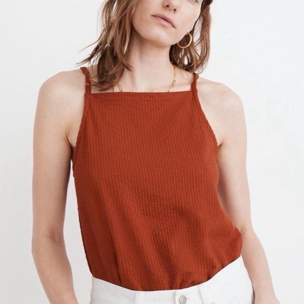 Madewell Women Medium Burnt Orange Textured Seersucker High Neck Tank Top Cami
